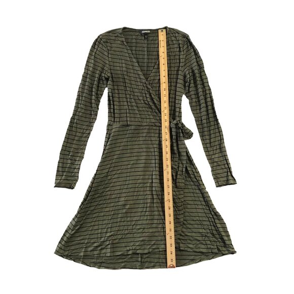 Express Dress Womens Size S Green Black V-Neck Long Sleeve Striped Wrap Style - Picture 3 of 8
